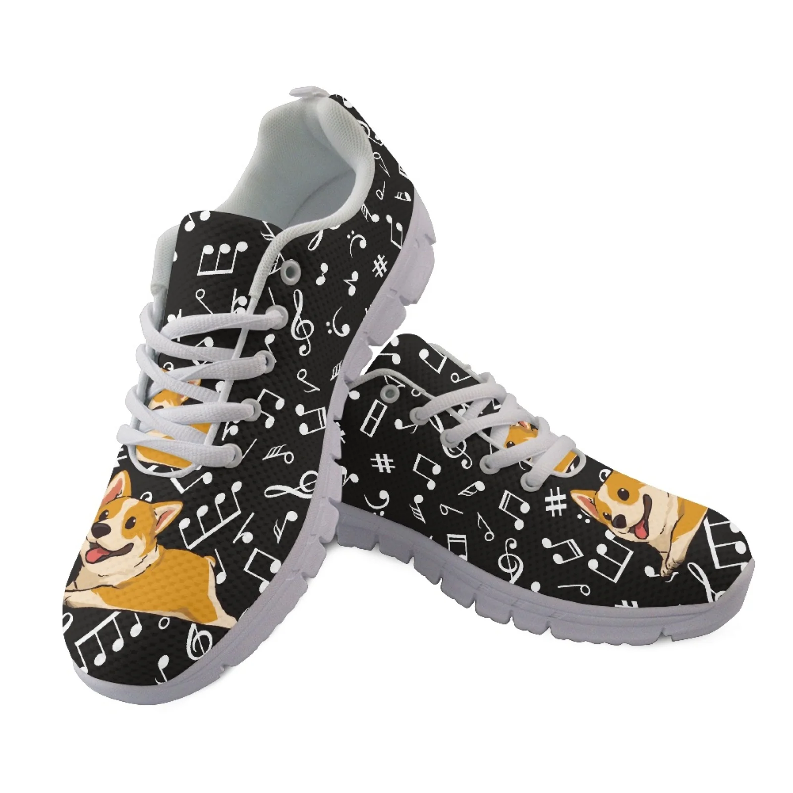 Coloranimal Anti Slip Lace up Running Sneakers with Corgi Music Note Print, Mens Athletic Trainers for Outdoor Jogging Walking