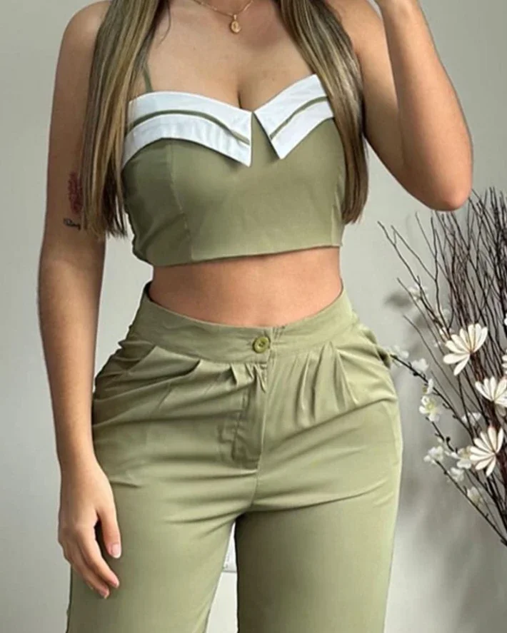 Female Casual Trousers Suits Crop Cami Top & Ruched Pocket Design Straight Leg Pants Set Two Piece Set Women Outfit 2024 Summer