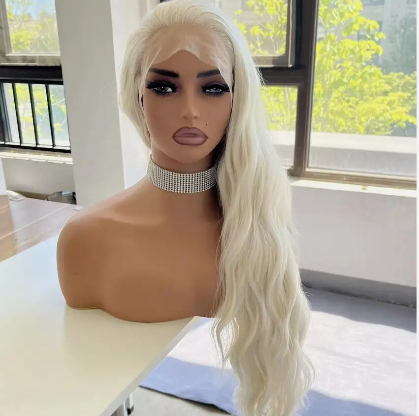 Lace Frontal Wigs Soft Long Wavy Synthetic Hair Platinum blonde