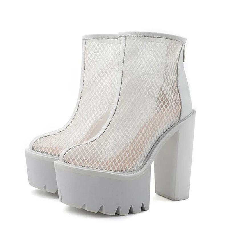 Roman High Platform Patchwork Mesh Ankle Boots Block High Heel Fishnet Summer Boots Woman Pointed Toe Hollow Out Sandal Boots