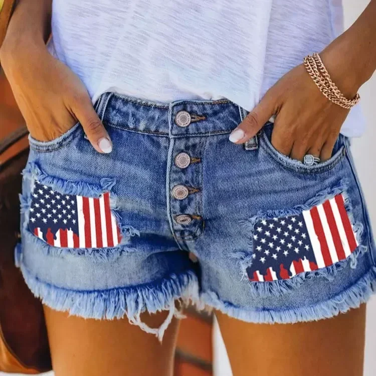 Women Jeans Shorts Denim Washing Tassel Print High Waist Holes Spliced Summer Button Pockets Sexy Slim Fit Distressed 2025