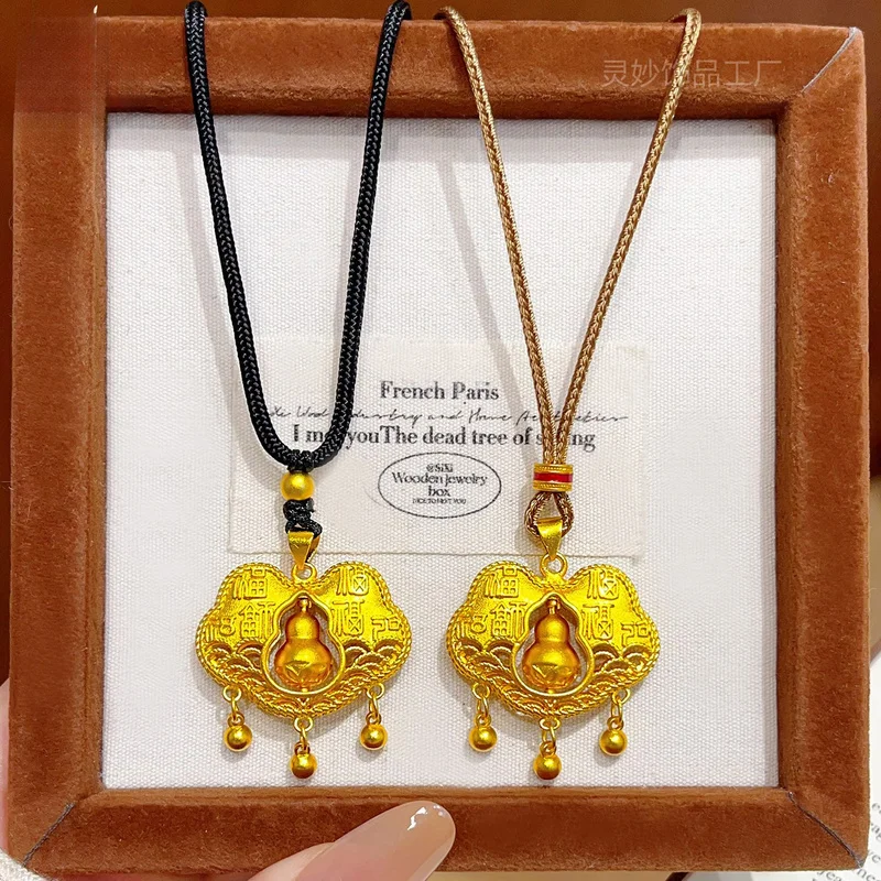 Luxury New Chinese Ancient Style 9999 Gold Hollow Fu Safety Lock Pendant With Rotating Ruyi Bell Women'S Gift
