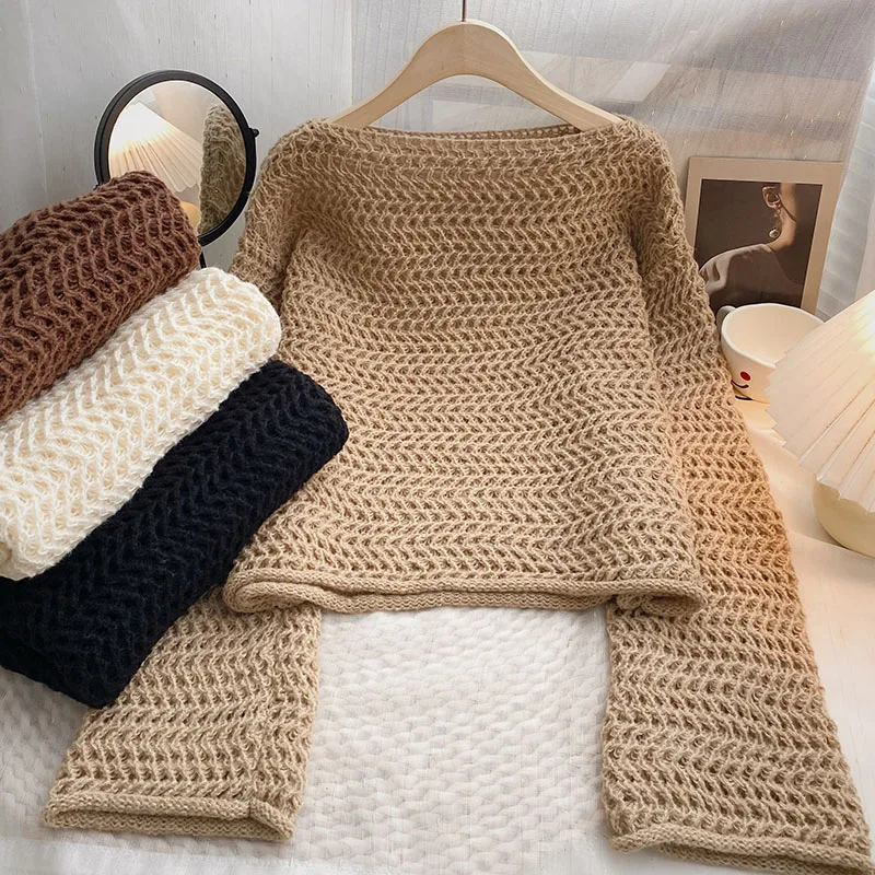 

Color Hollow out ort Sve Long Knit Sweater Women's Winter Casual Versatile Overhead Knitted Top Korean Sle