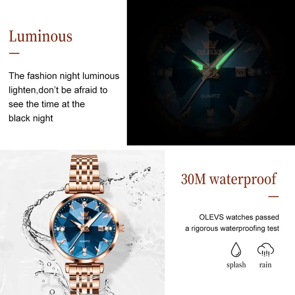 OLEVS 5536 Quartz Watch for Women Fashion Luxury Rhombus Mirror Rose Gold Stainless Steel Waterproof Luminous Ladies Wristwatch