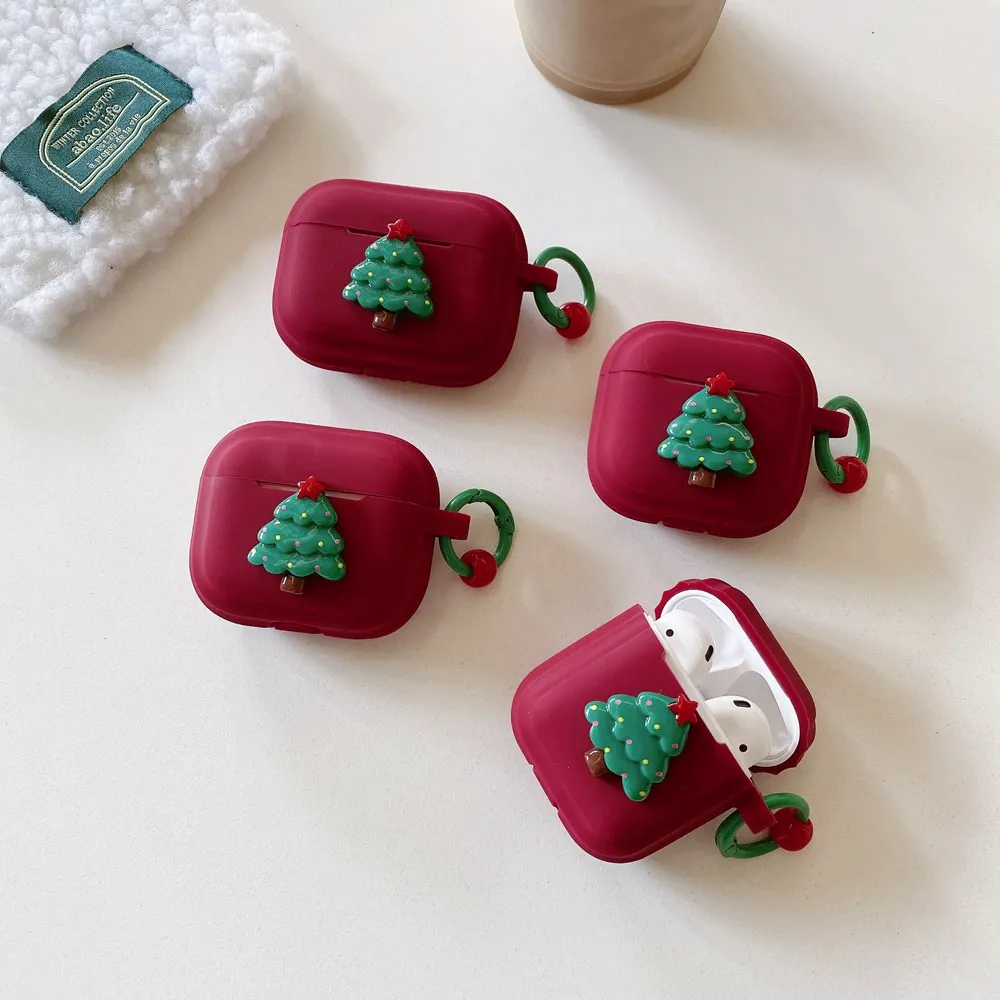 3D Christmas Tree  Wine Red Silicone Earphone Case For AirPods 4 3 2 Headset Charging Box Cover With Keychain For AirPods Pro 2