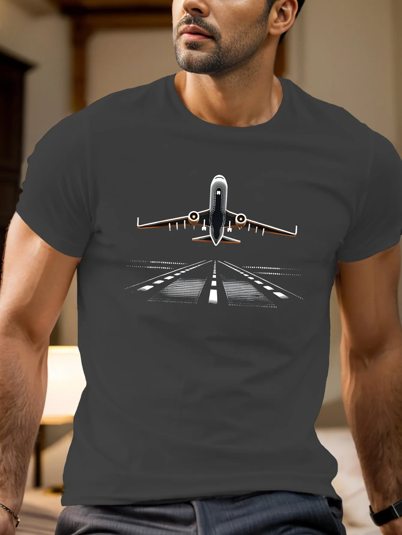 

Men's summer 100 pure cotton fashionable casual loose oversized airplane pattern printed round neck short sleeved T-shirt top