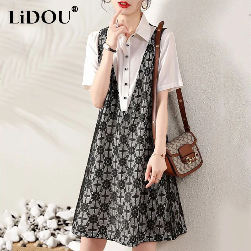 

Summer Korean Style Fake Two Pieces Lace Patchwork Dress Women Short Sleeve Loose Casual Sweet A-line Dresses Female Clothes