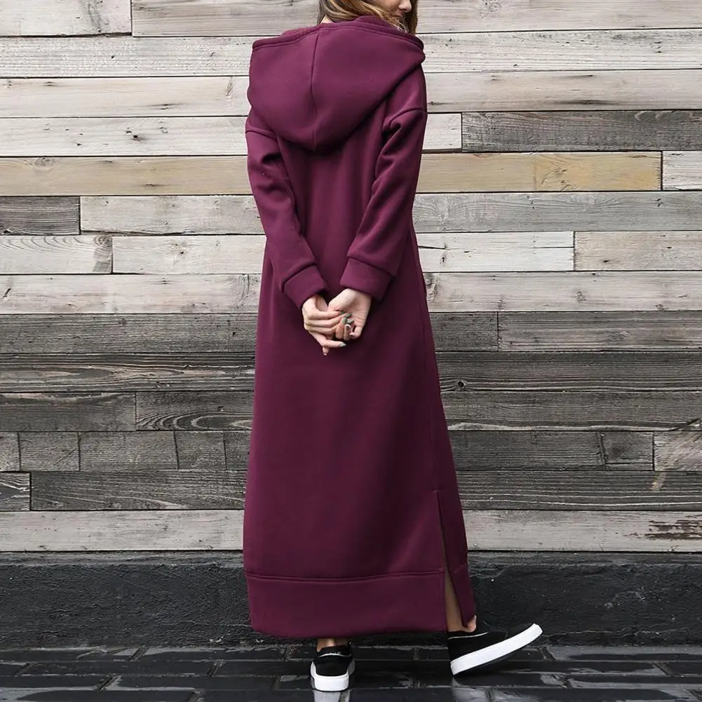 Women Hoodie Dress Elegant Maxi Dress with Hooded Sweatshirt Design Women\'s Autumn Winter Solid Color Long Sleeve Dress