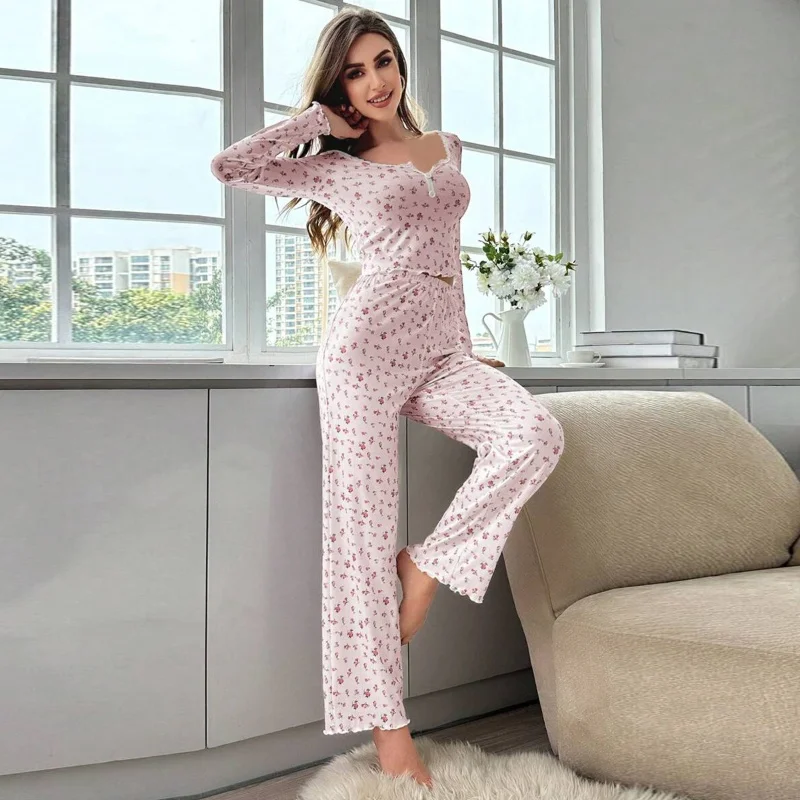 New Autumn and Winter Ladies Sexy European and American Pajamas Homewear Suit Fashion Long-Sleeved Trousers Pajamas Homewear