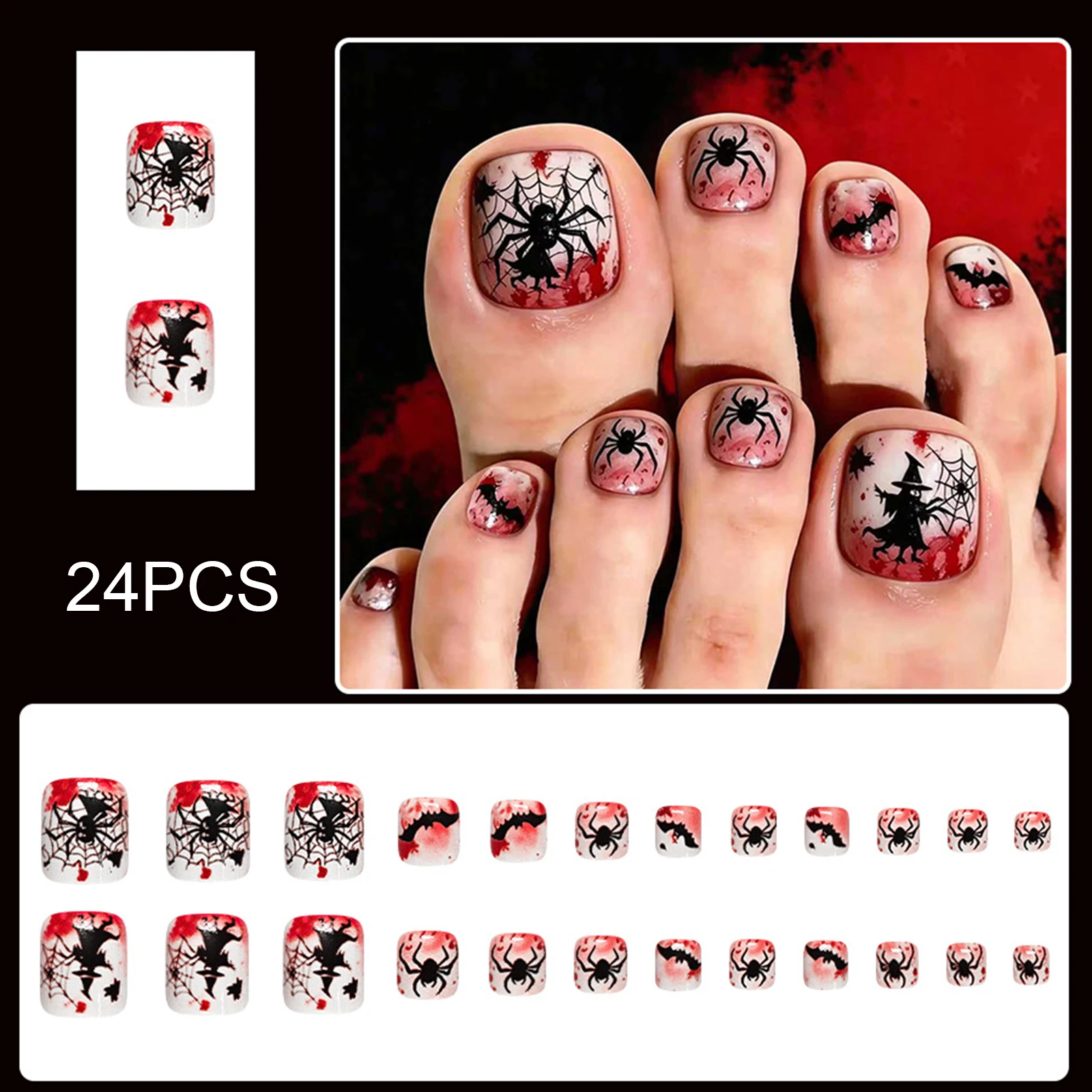 Fake Toe Nails Resin Glossy Press on Toenails Easy Application for Halloween Cosplay Party Spooky Red Spider Web Design