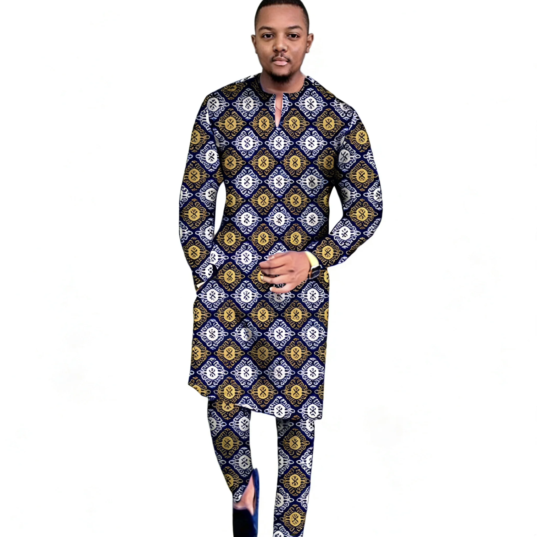 Obrázek: V krk design topy náplast pás kalhot africký tisk pánské sada tailored nigerijské móda večírek oblečení