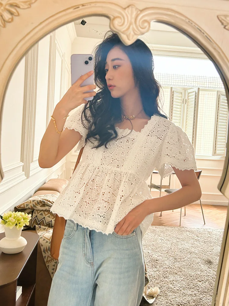 GypsyLady Summer Chic Embroidery Blouse Shirt Hollow Out Boho Vintage 100% Cotton Sheer Sexy Blouse Holiday Women Casual Tops