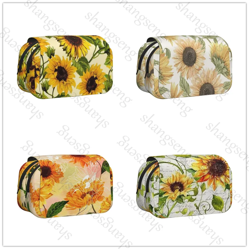 Pen case Pencil Box Double Flip School Supplies Children's Pencil Box Storage Cosmetic Bag Student Gift Sunflower