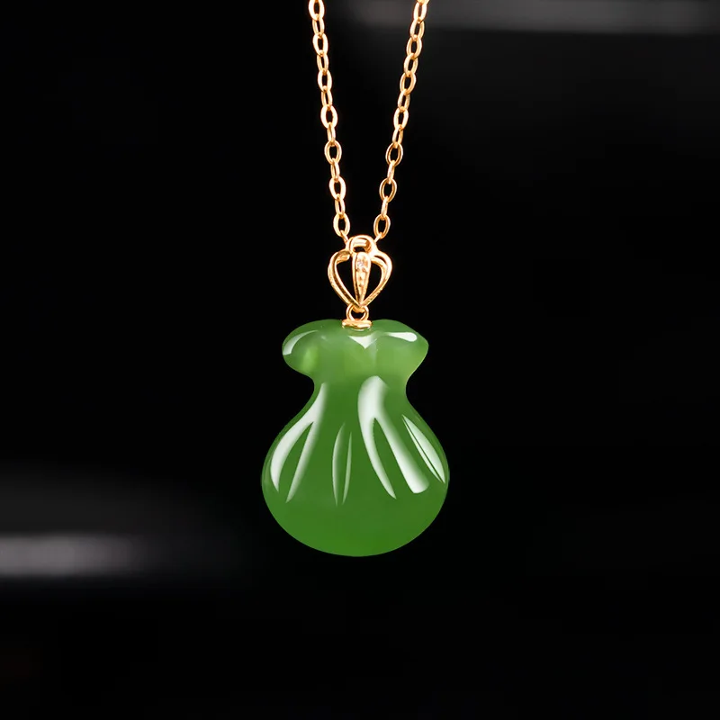 Natural Old Material Spinach Green Hotan Jade Blessing Bag Purse Pendant 18K Gold Jadeite Necklace Charms For Women's Jewelry