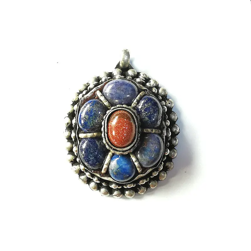 Tibetan Pendants Copper Inlay Blue Lapis Lazuli Flower Pendant Vintage Jewelry Multi Stone Beads TBP262