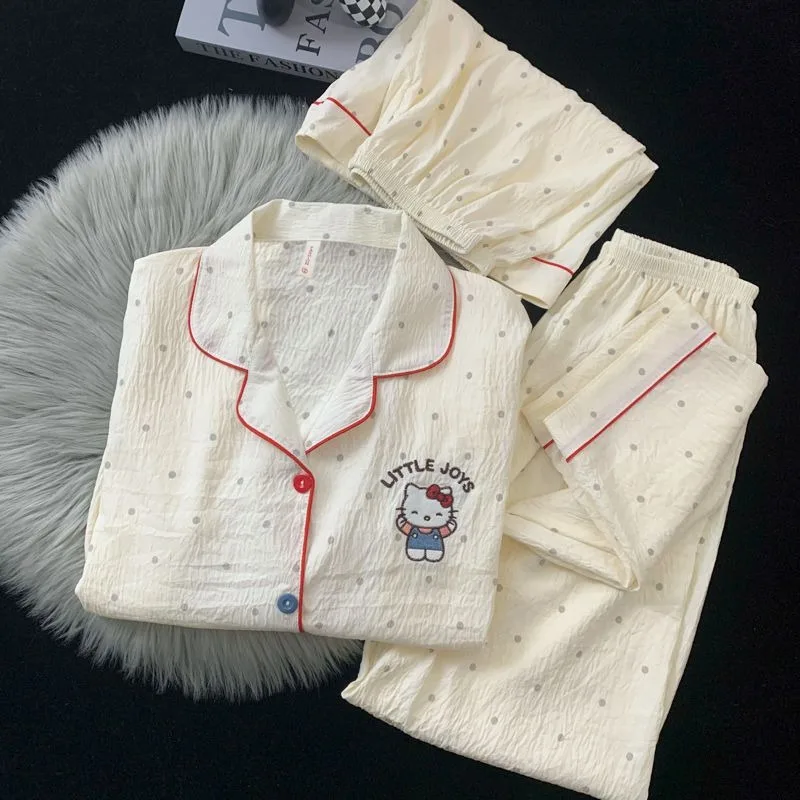 

Summer new beige cloud cotton lapel collar cartoon Hello Kitty animation cute short sleeves shorts trousers pajamas loungewear