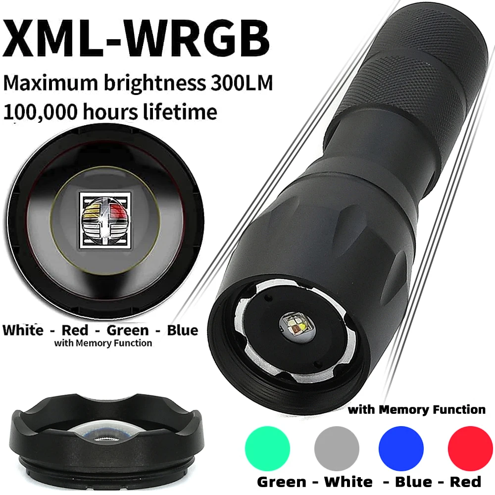 Upgraded Zoomable Red Flashlight, 4 Color in 1 Flash Light, Green Red Blue White Multi-Color RGBW Led with Memory for Fishing