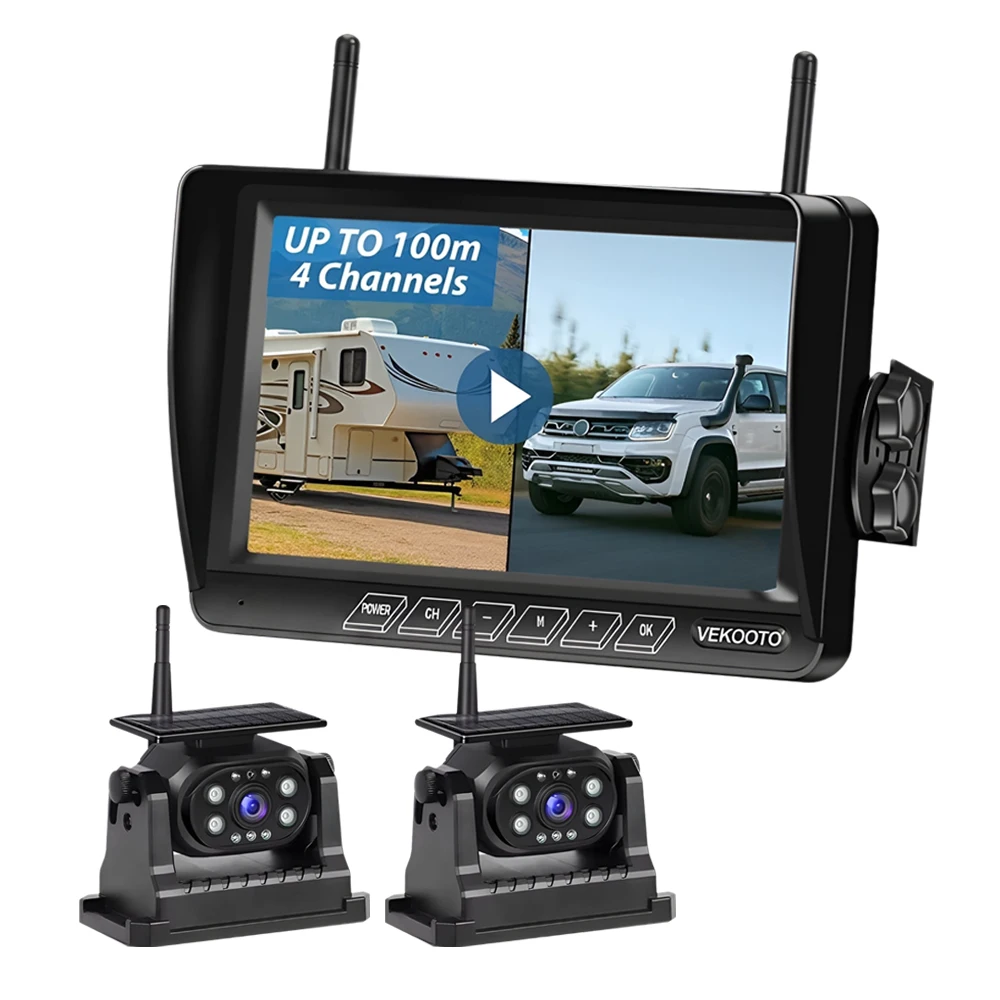 7 Inch IPS Screen Wireless Solar Powered Backup Camera Magnetic Mount 1080P IR Night Vision DVR Loop Recording Rear View System