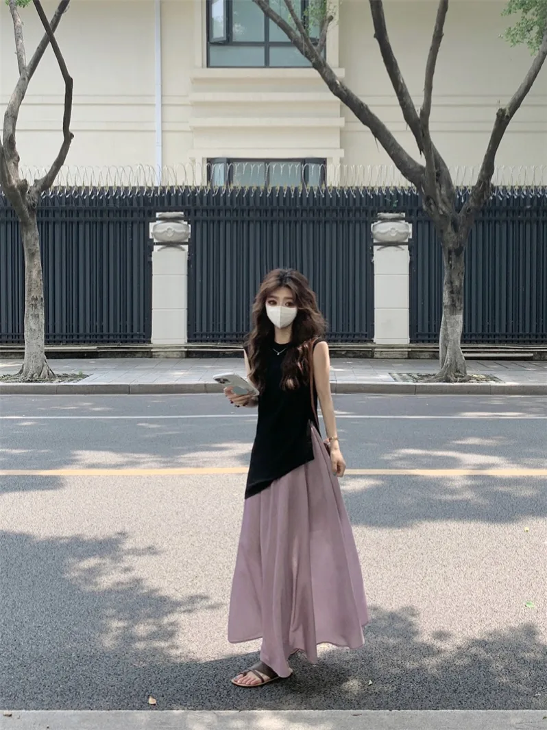 

Kumikumi Gentle Set Black Irregular Sleeveless Women's Summer Elegance Pleated Floor-Length Skirt Two-Piece Ensemble