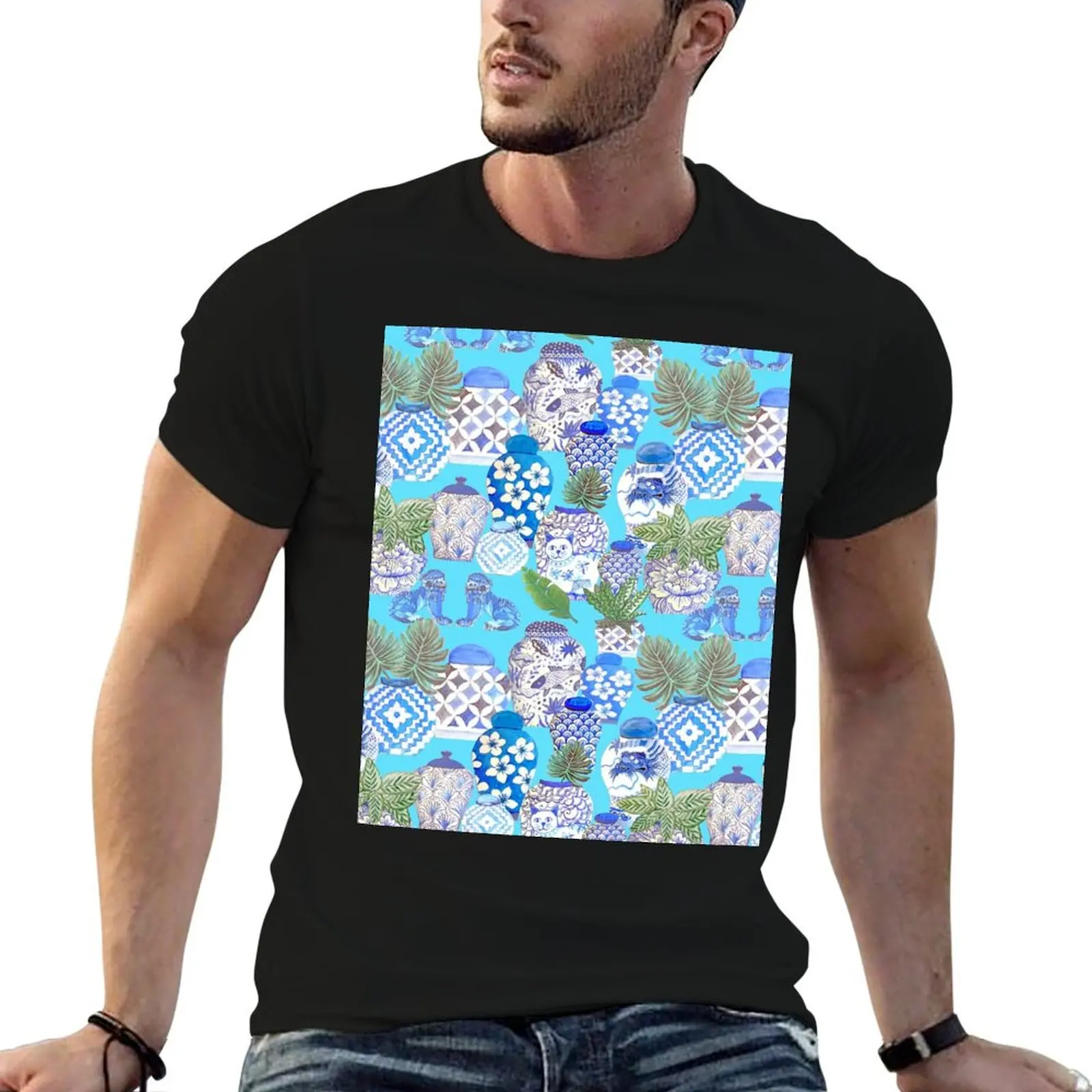 ginger jars and palms or plants with foo dogs on teal T-Shirt customs design your own vintage men clothing