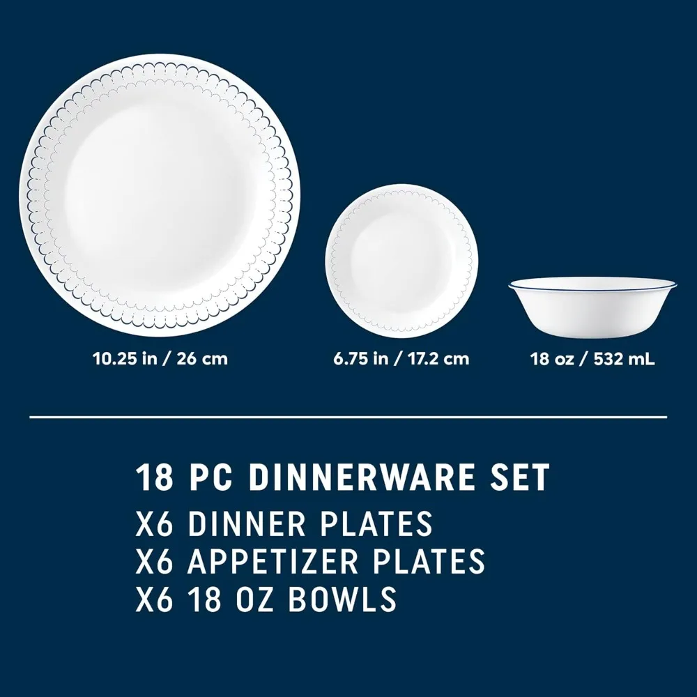18-Piece Dinnerware Set for 6, Lightweight Chip-Resistant Plates & Bowls, Microwave & Dishwasher Safe