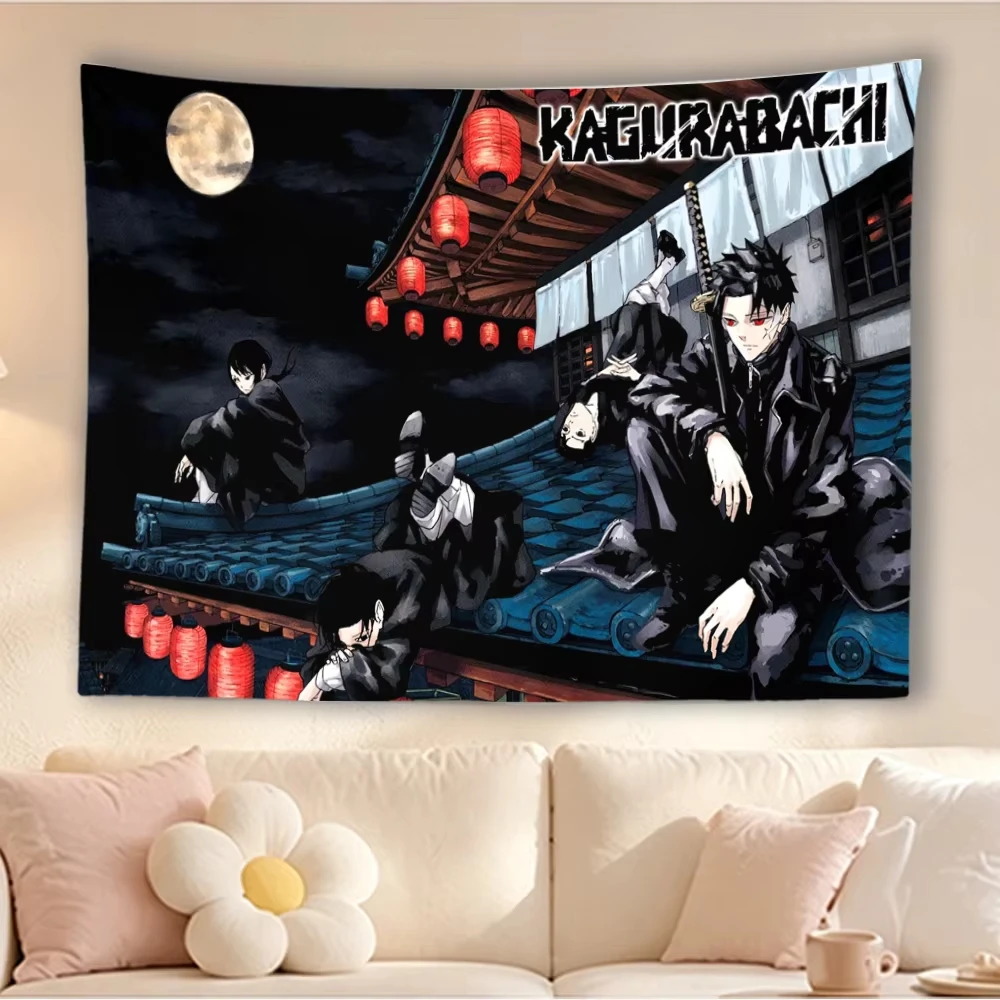 KAGURABACHI Anime Tapestry, Japanese Samurai Character Wall Hanging Cloth, Night Roof Lantern Background, Bedroom Dorm Home Wall