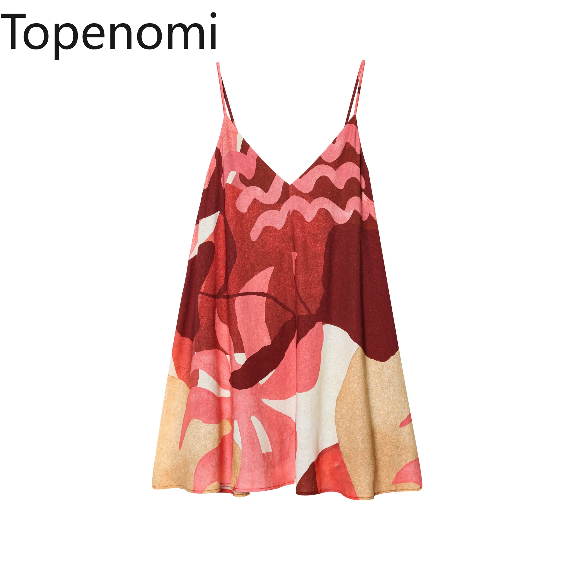 

Topenomi 2025 Summer Printed Suspender Mini Dresses Women French Fashion Backless Sleeveless Loose A-line Vacation Beach Dress