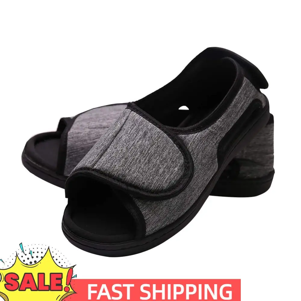 

Hook and Loop Fastener Shoes Adjustable Elderly Slippers Breathable Wide Open Toe Sandals Non-Slip for Indoor Outdoor