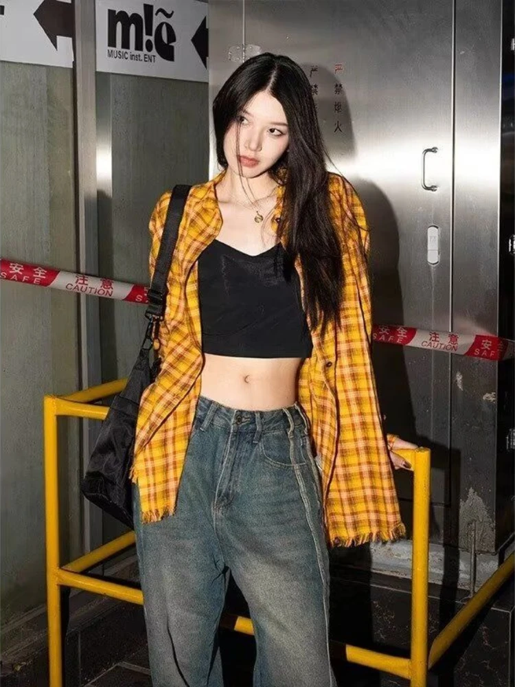 

Retro Loose Lazy Breathable Plaid Shirt Unisex Korean Women Shirt Casual Long Sleeve Single Breasted Blouses Checker Streetwear