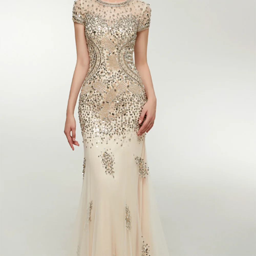 

Elegant O-Neck Appliquins Beading Mermaid Formal Evening Dresses Birthday Party Prom Gowns Customized