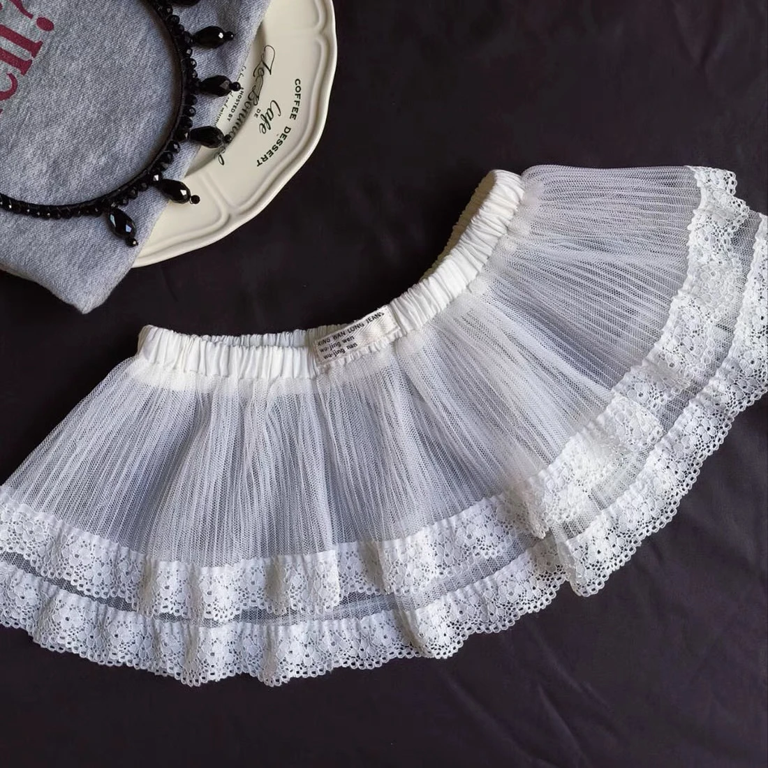 White Lace Pleated  Skirt Korean Style Cake Skirt High Waist Floral Pattern Short Skirt over Skirt Design Spring 2025
