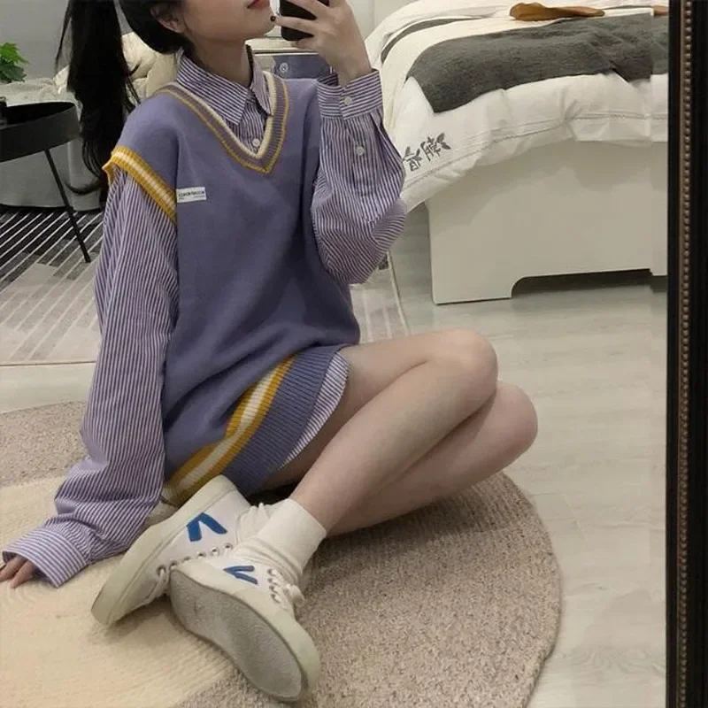 Purple Sweater Vests Women All-match Loose Sweet Spring Korean Preppy Style Knitted V-neck College Chic Casual Ulzzang Fashion