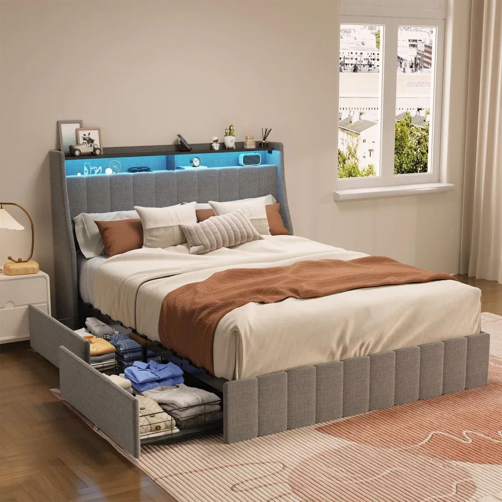 Queen Size Bed Frame with LED, 4 Under-bed Portable Storage Drawers, Wings Headboard Design, Light Grey Furniture