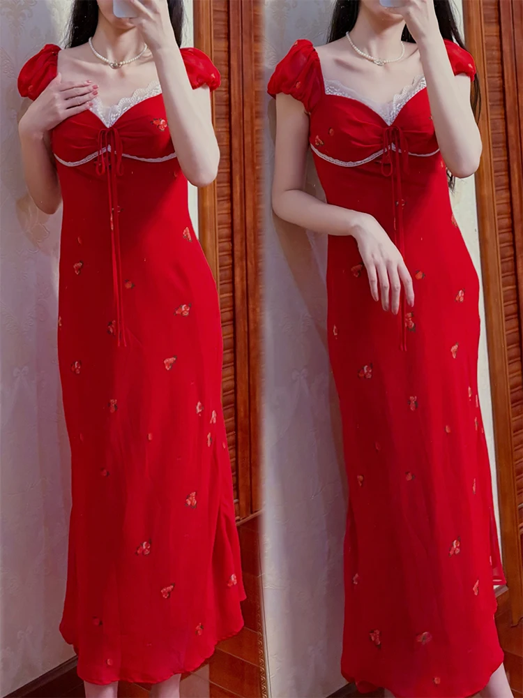 Empalme de encaje Floral rojo ort Sve Dr, novedad de verano para mujer, cintura desechable pura, ceñida, adelgazante, corte en A, largo Dr