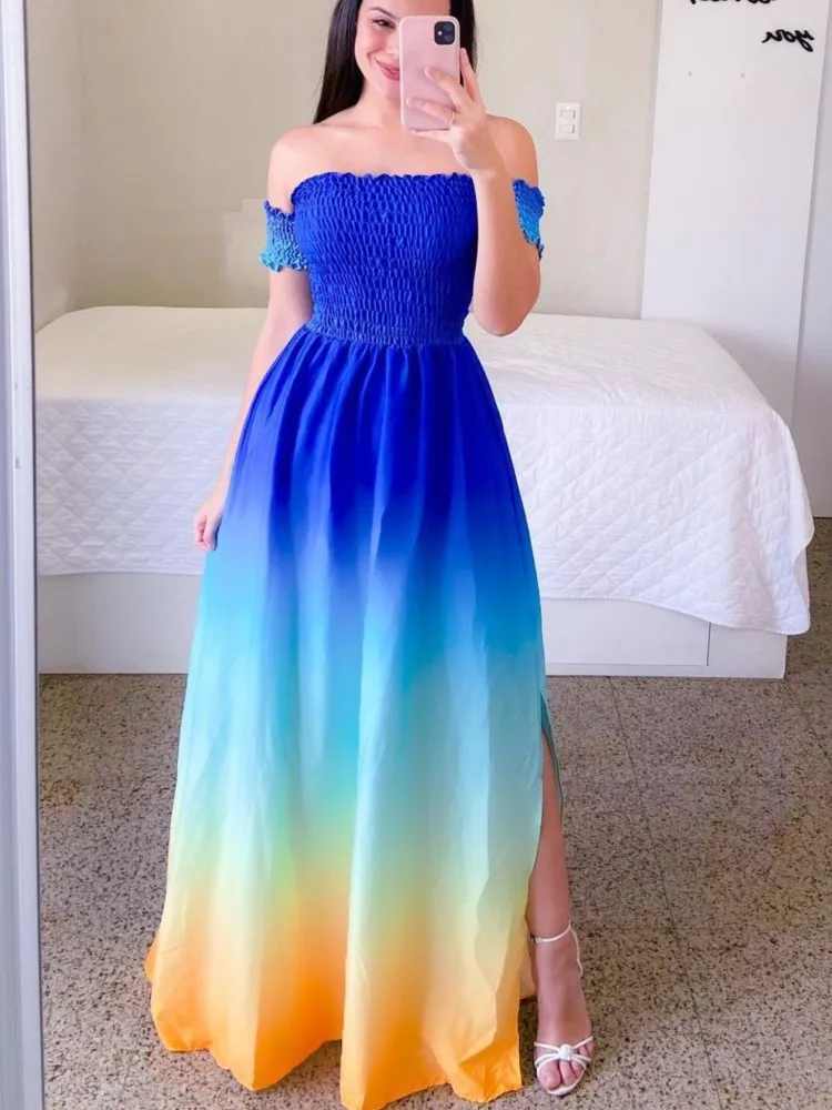 Elegant Women\'s Off Shoulder Midi Dress 2024 Summer Fashion Dresses High Waist Flower Print Short Sleeve Vestidos Robe Clothing