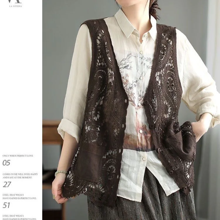 Autumn New Pure Color Artistic Retro Hollow out Knitted Vest Women's Svel Top Layering Cotton  Open Cardigan