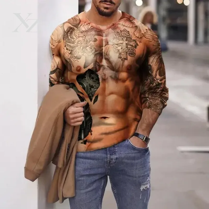 Hot Sale 3D Print Muscle T-Shirt Bodybuilding Simulation Muscular Man Long Sleeve Sports Tshirt Men's Gym Fitness Top Tee Daily