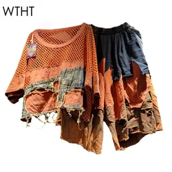 WTHT New Trendy Women's Suits Mesh Patchwork Denim Short Sleeve T-shirt Loose Shorts Two-piece Set Female 2024 Autumn 1LS078