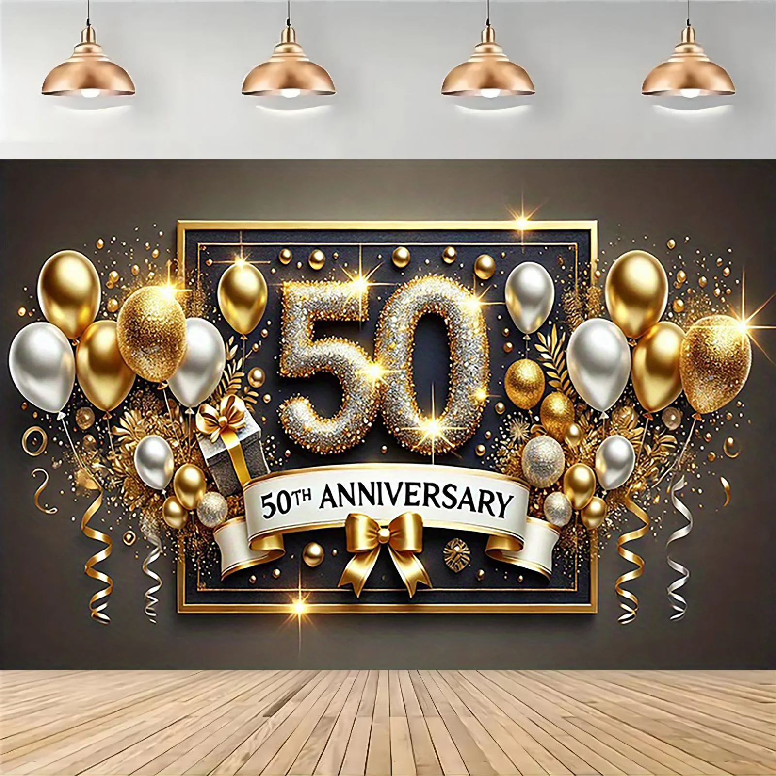 1 50e verjaardagsfeestje polyester banner - gouden feestdecoratie, bruiloft multifunctioneel huis, tuin, studiodecoratie