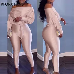 Women Elegant Off Shoulder Long Sleeves Solid Bodycon Skinny Leg with Belt Jumpsuit