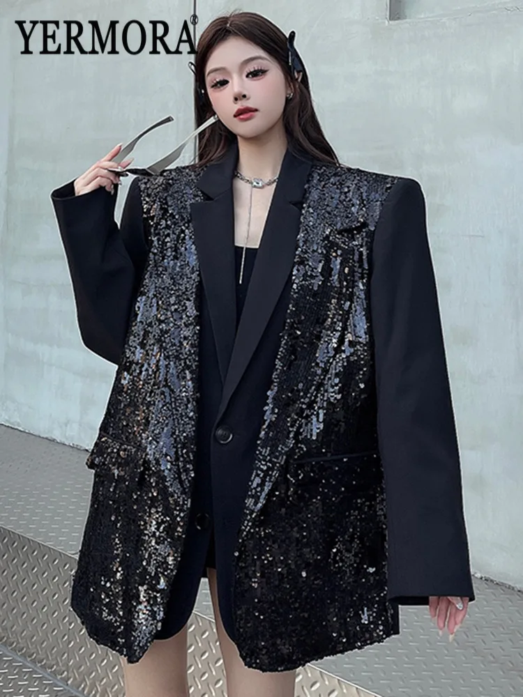 

YERMORA черный искусственный два комплекта с блестками, элегантный женский пиджак с лацканами и длинными рукавами, свободная новая куртка, модная весна-осень 22025