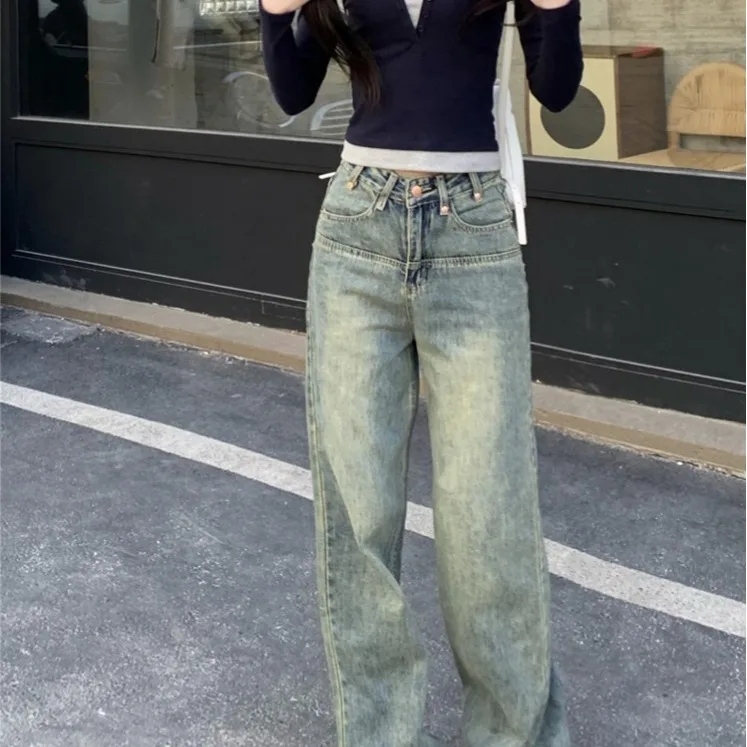 Pantalones vaqueros de pierna recta Retro americanos para mujer, pantalones largos de cintura alta a la moda, holgados, hasta el suelo, color azul