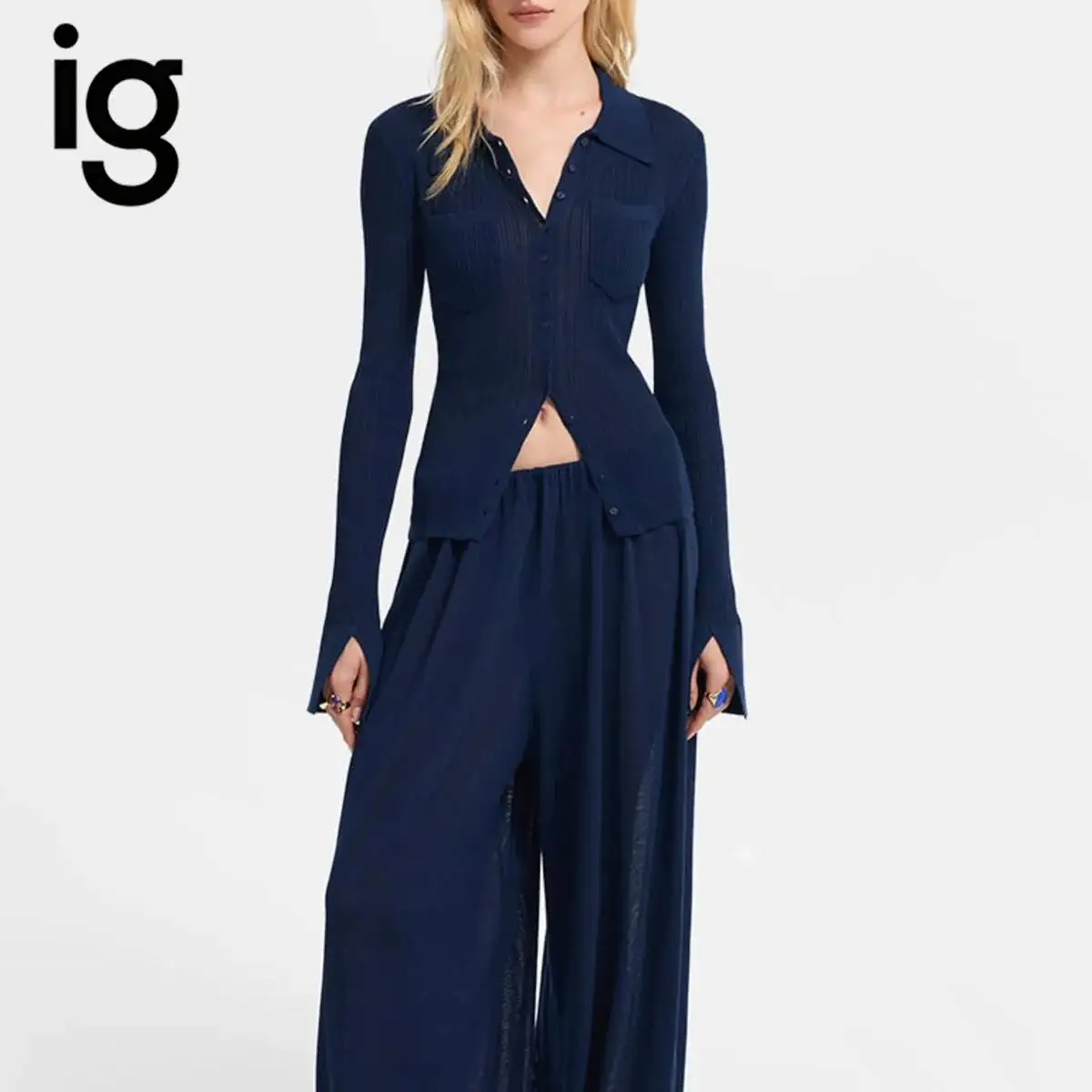 

IG 2026 Women's Ribbed Down Cardigan, Point Collar Long Sleeve Slim Fron Button Closure Pocket Detail Elegant Sweater Top
