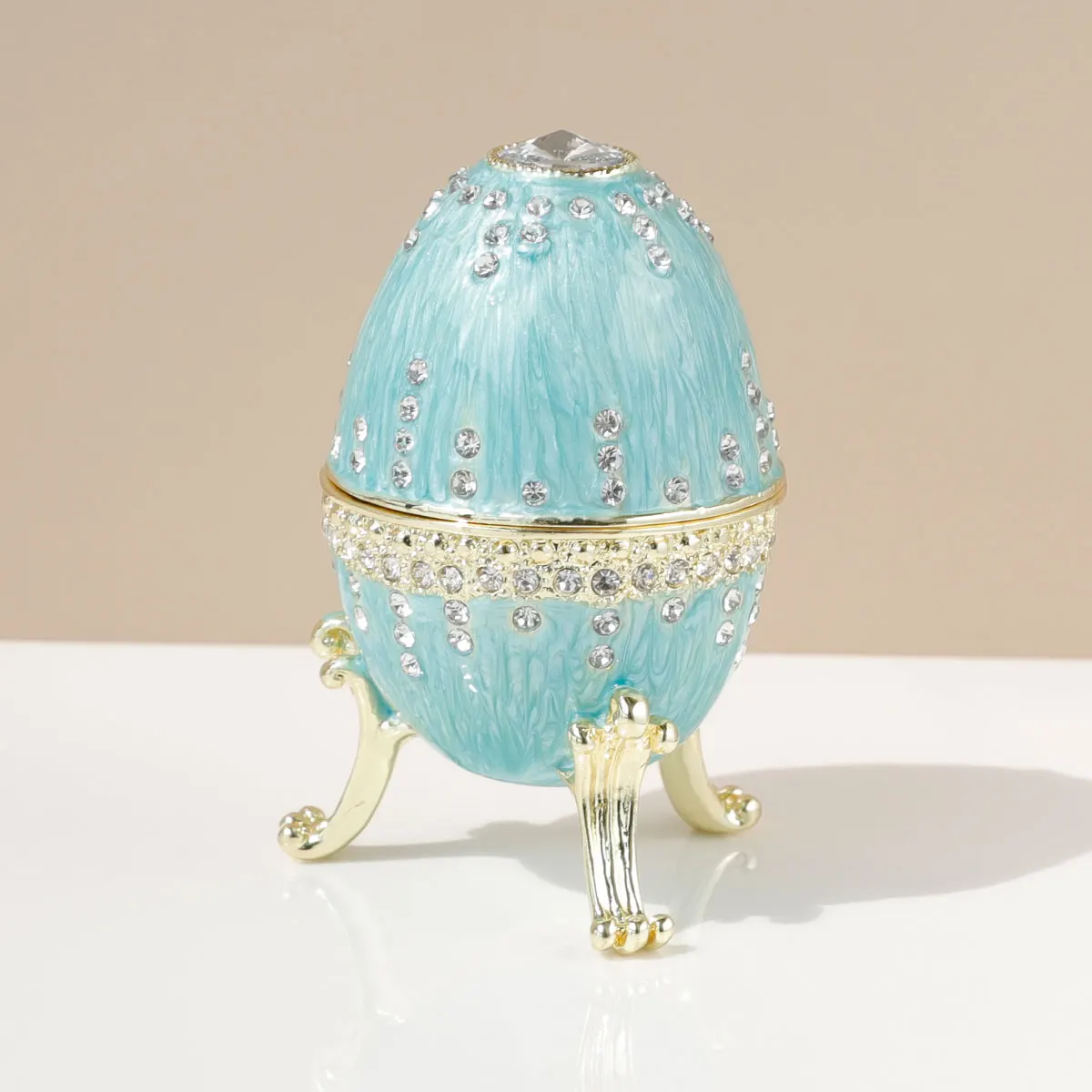 Vinage Blue Faberge scatola portagioie smaltata stile uovo incernierata, regalo unico per la famiglia