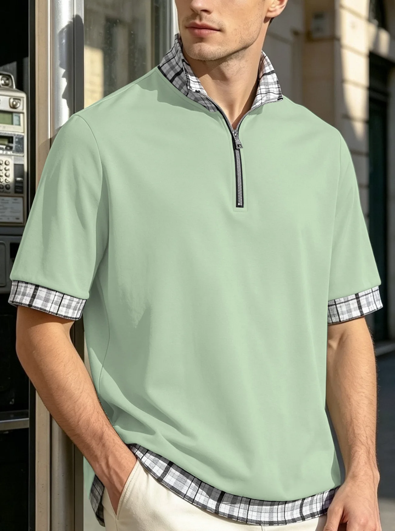 

New men's pure cotton patchwork collar casual business shirt with half-zip short-sleeved polo shirt for spring and autumn