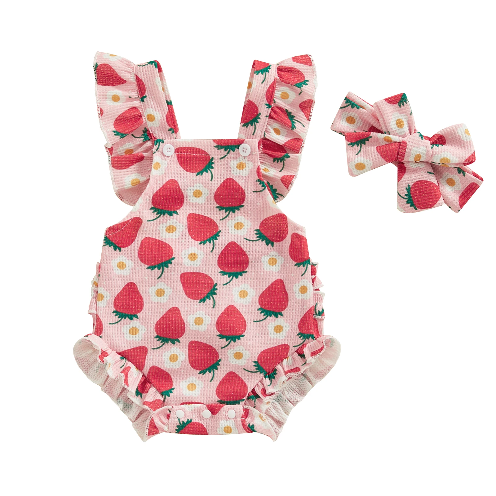 Pudcoco Toddler Baby Girls Romper Summer Bodysuit and Headband Strawberry/Flower/Cherry Print Fly Sleeve Frills Infant Jumpsuit