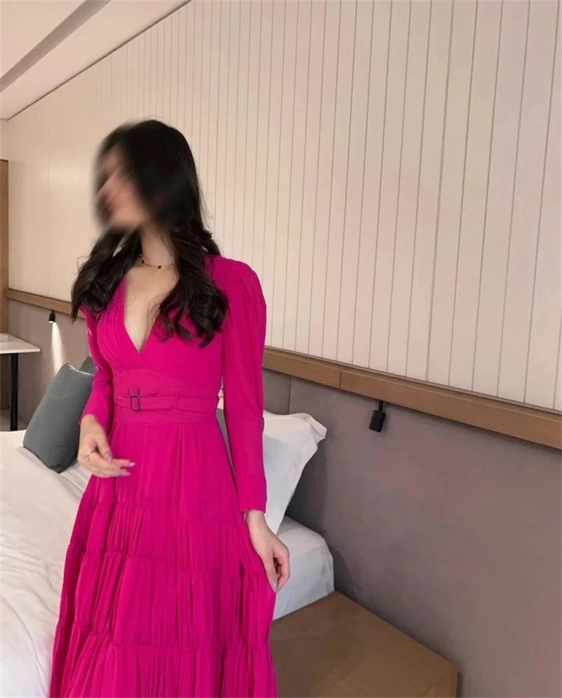 Romantic Hot Pink Chiffion Evening Dress Formal Prom Dress Occasion Party V-Neck Long Sleeves A-Line Prom Gowns Floor Length