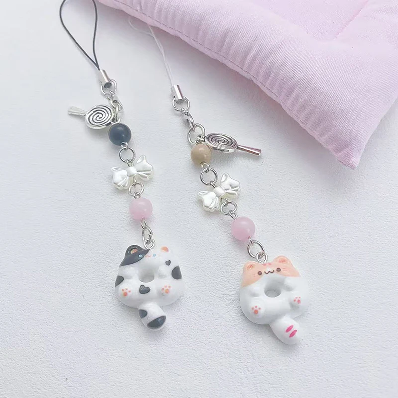 Lovely Cat Cookie Cell Strap Comics Kitty Bead Mobile Chain Dual Keychain Camera Earplug Pouch Pendant