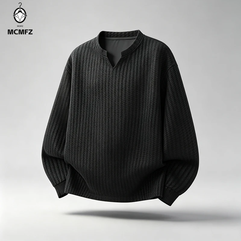 Men Soft Knit Vertical Stripe Tee V Notch Stand Neck Long Sleeve Loose Cut Male Street Casual Outer Shirt