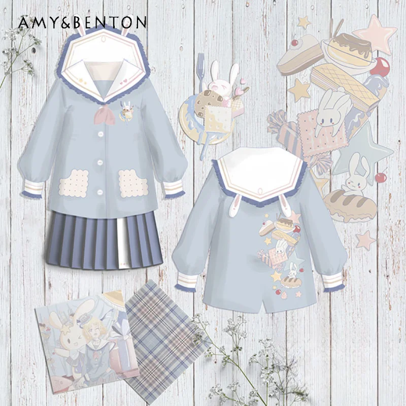 2024 Japanese Original JK Uniform Cartoon Cute Spring and Autumn Blue Long Sleeves Top Sailor Collar Pleated Skirt Suit For Girl